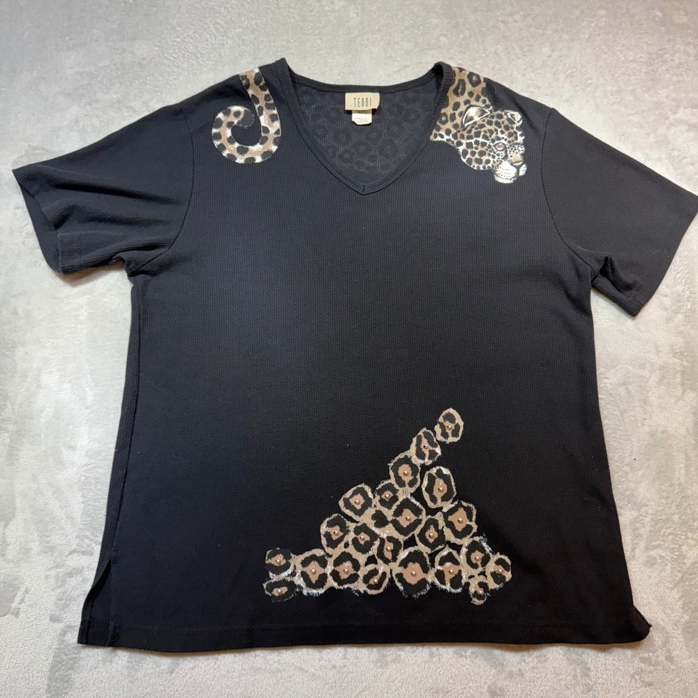 Vintage Leopard‎ Print Beaded Ribbed Knit V-Neck Tee Black Large 90s Unique Bold
